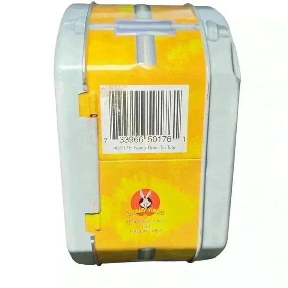 Vintage Looney Tunes Classic Tweety Drum Tin Tote Leather Handle & Latch Closure - Picture 5 of 7